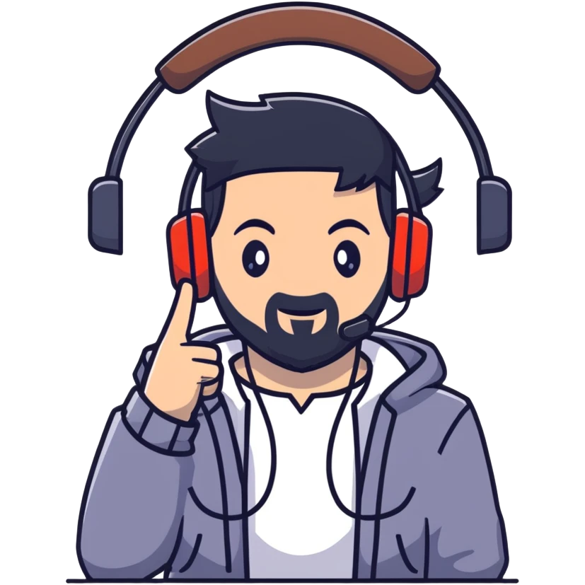 Anime style man with black hair, brown eyes, and black beard wearing gaming headset and making a bravo gesture, anime character design emoji