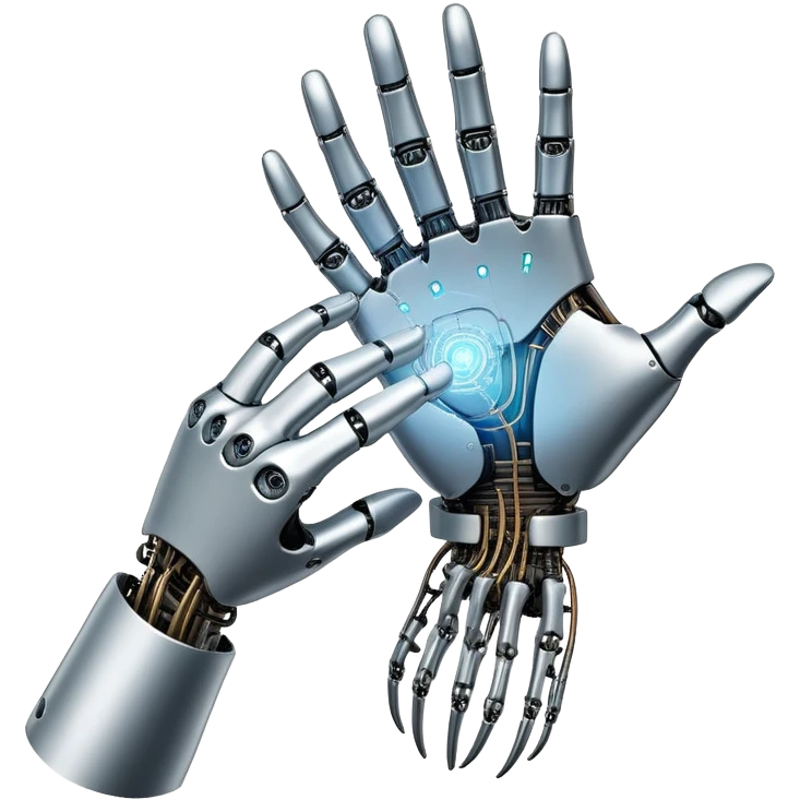 An icon inspired by Da Vinci’s 'The Creation of Adam', featuring a robotic hand reaching out to touch a human hand, symbolizing artificial intelligence. The design includes neural networks, glowing circuits, and a holographic brain. Transparent background emoji