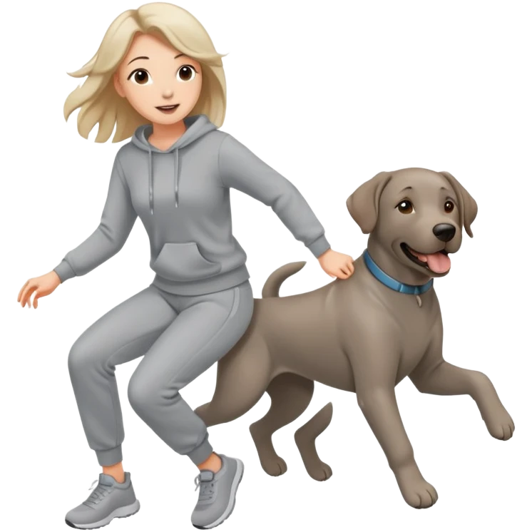A beautiful girl with fair skin wearing a sweatshirt and sweatpants chasing a Labrador emoji