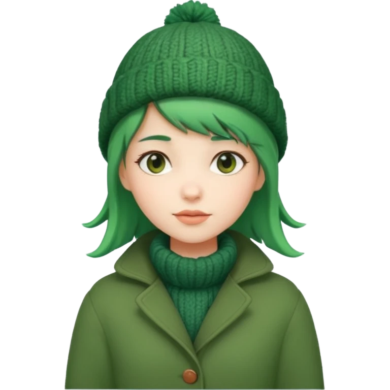 Girl with green hair wearing winter coat and a woolen hat with a relaxed posture and friendly face emoji