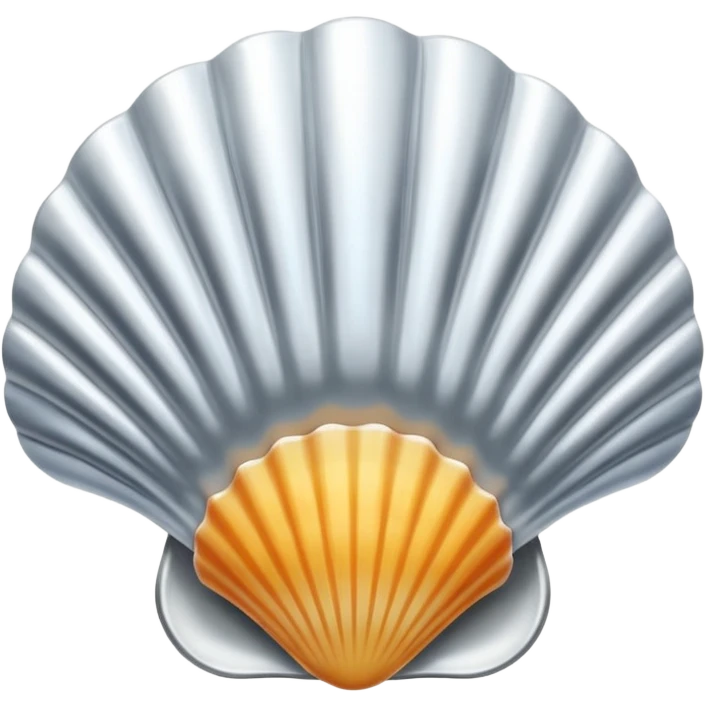 A seashell emoji made of polished silver chrome, smooth curved surface, reflective metallic highlights, elegant minimal design, iOS emoji style, centered, clean white background, soft lighting emoji