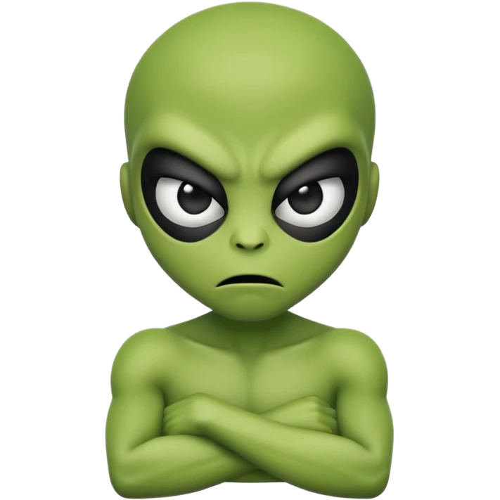 An emoji-style alien face with an angry expression, green skin, large black eyes, furrowed eyebrows, and a slanted side turned mouth, arms folded across chest showing contempt emoji