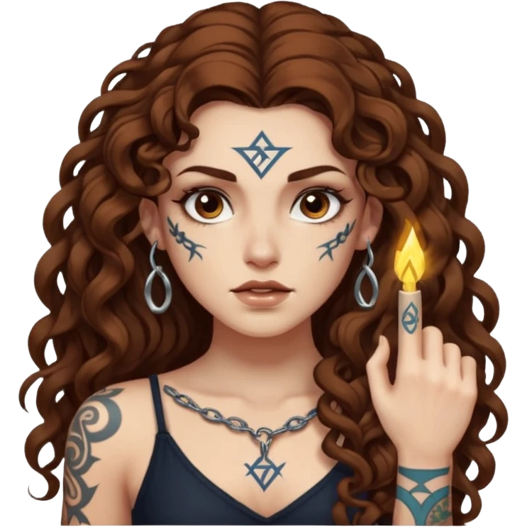 woman with long curly brown hair, brown eyes, white skin, tattoos, raising one eyebrow as a rune lights up “obvious” emoji