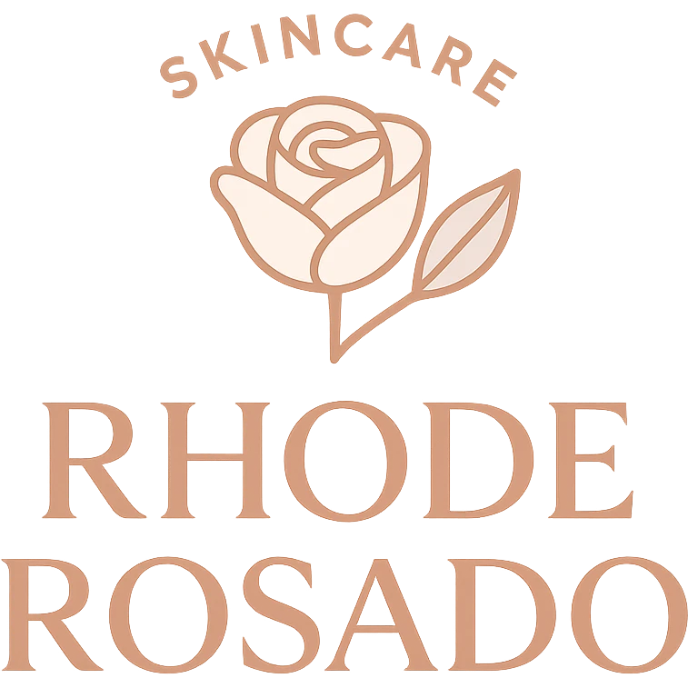 logo for SKINCARE ROSADO RHODE, luxury skincare, rose gold and blush pink, sophisticated, simple icon, modern typography emoji