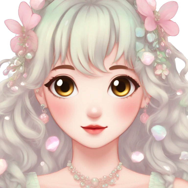 Gorgeous anime style lady with blushing face and accessories cottagecore fairycore Kawaii anime colorful pearly romantic aesthetic trending style emoji