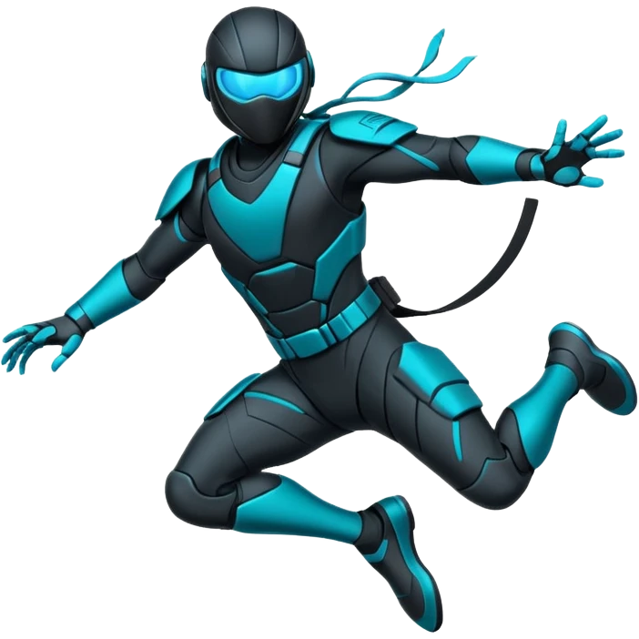 ​"Flat vector sticker, agile cyber-ninja character in a dynamic leap, teal and black tech-suit, glowing accents, die-cut white outline, isolated on white." emoji