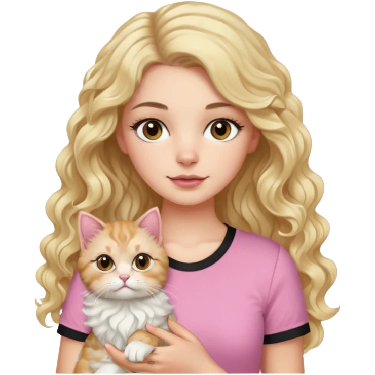 a white girl, she has beautiful brown eyes with curly eyelashes, and long black wavy hair down, wearing a pink short-sleeved shirt, holding a blonde Persian cat. emoji
