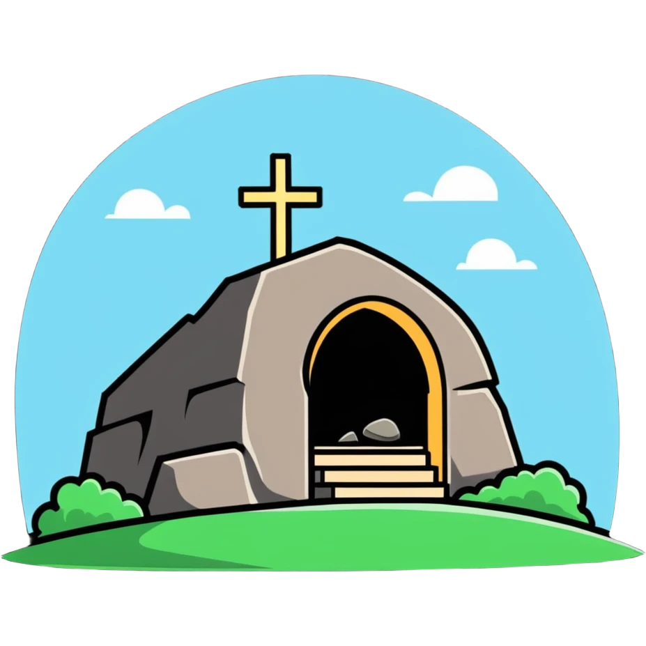 An empty tomb with stone rolled away and "He is risen" text emoji