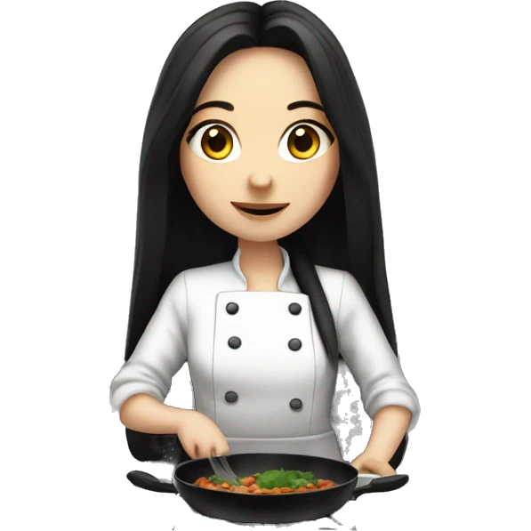 Pale girl with long black hair cooking dinner  emoji