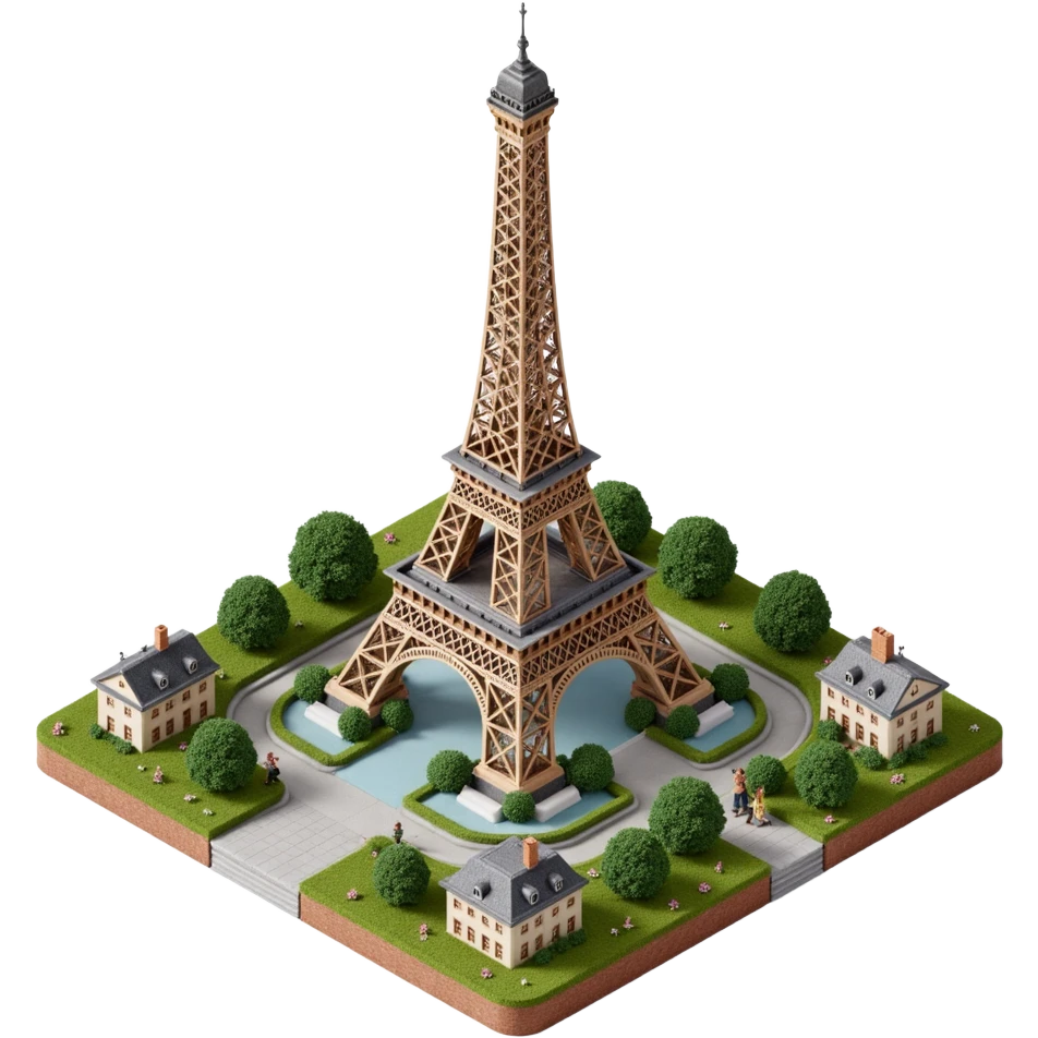 Isometric illustration of Paris, featuring the photorealistic Eiffel Tower surrounded by small Parisian buildings and trees, highly detailed in semi-realistic style emoji