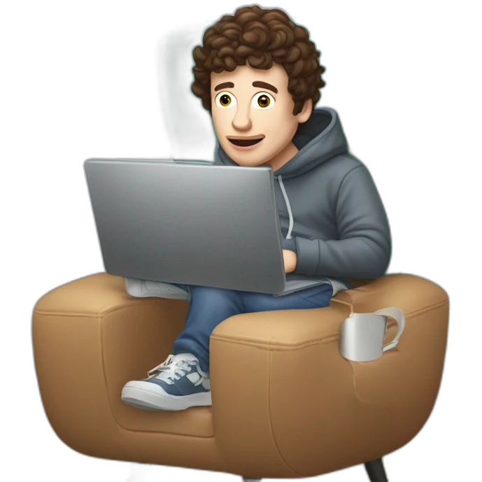 Bighead josh brener from silicon valley in hoodie sittin on a computer chair holding a big gulp emoji