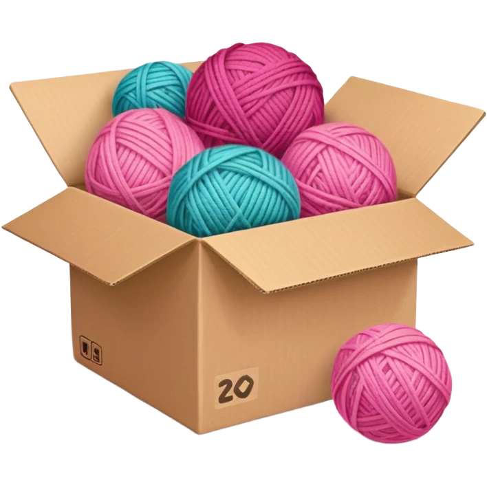 cardboard box with toys, ball of yarn, pink emoji