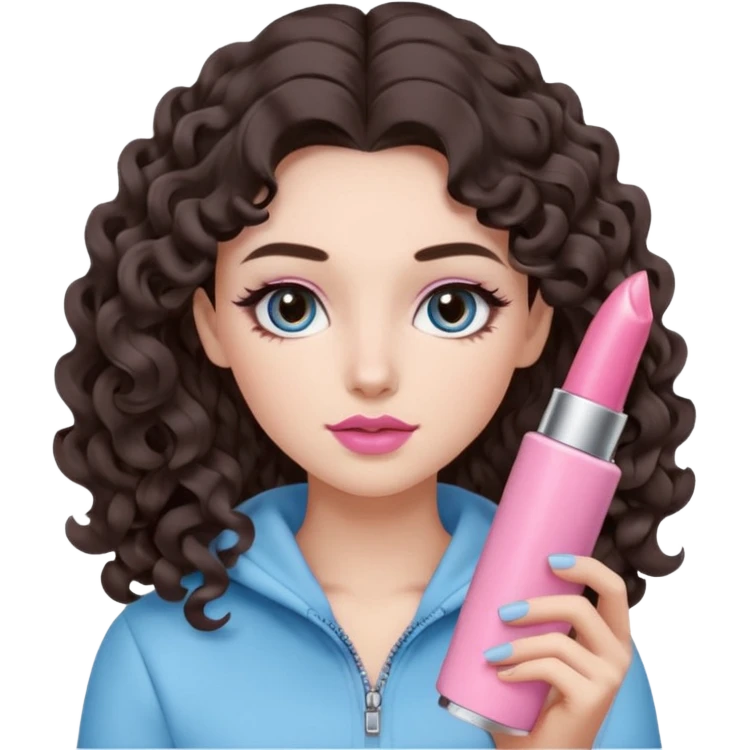 A girl with long dark brown hair styled in loose 36mm curls, round-almond Douyin-style eyes with long curled lashes, cool-tone neutral makeup. She’s wearing a light-blue athletic outfit and holding a normal-size pink lipstick (not oversized) in one hand. emoji