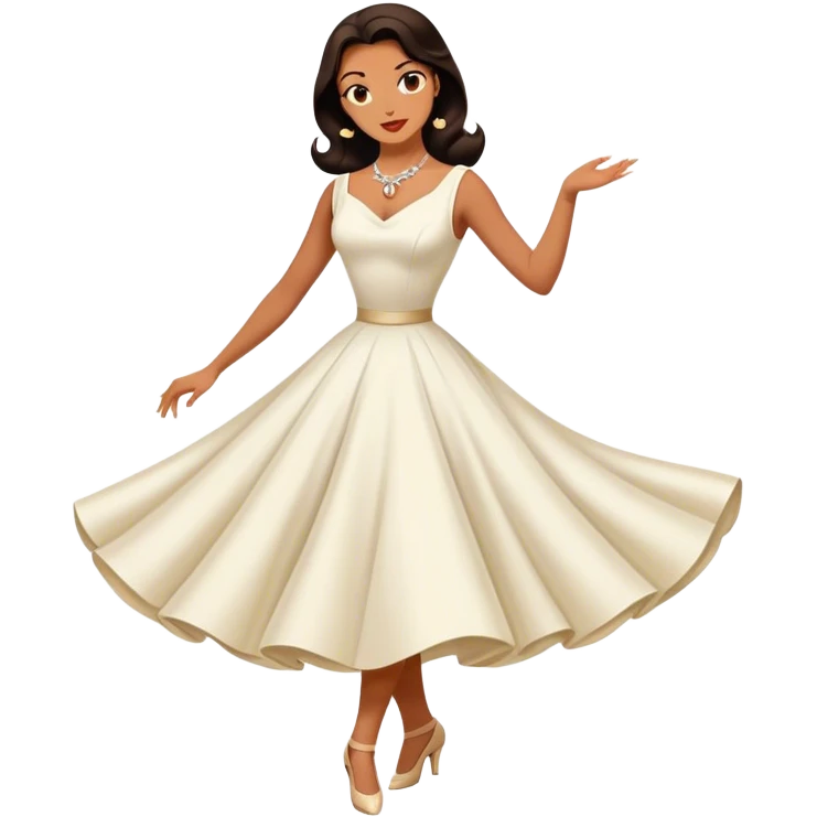 Beautiful woman in 1950’s woman fashion look, white dress, long dark brown hair, balboa dance emoji