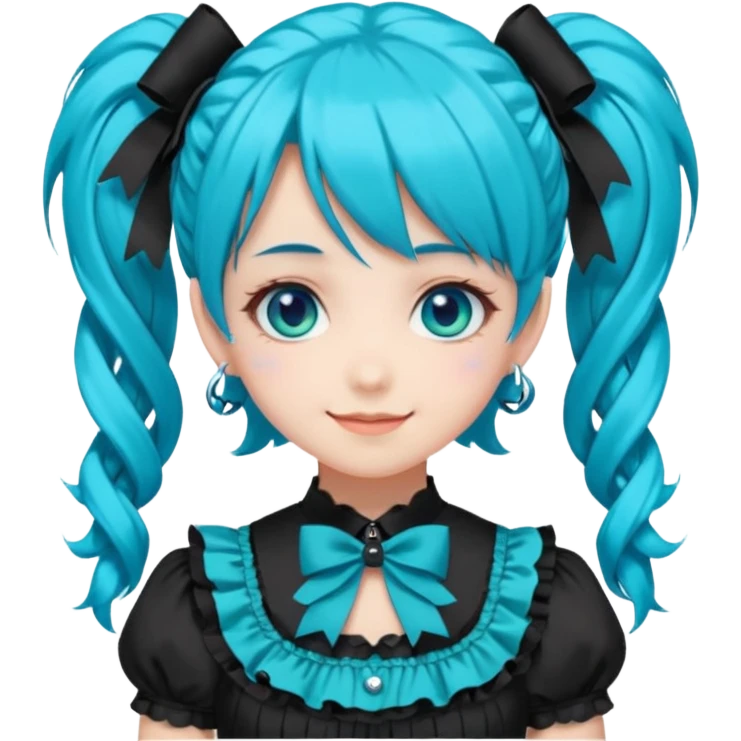 anime-style female character with bright turquoise hair styled in twin tails and matching blue eyes. Her outfit is a frilly turquoise and black dress in a Lolita-esque style, heavily contrasted with black ribbons and trim. A key detail is the "AWP" logo in black on the chest. VERY happy variant emoji