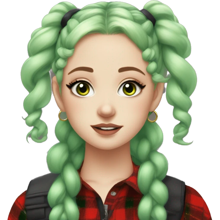 Pale girl, blue eyes, green hair, space buns hairstyle, wearing a red flannel, gold hoop earrings, thick wing eyeliner emoji