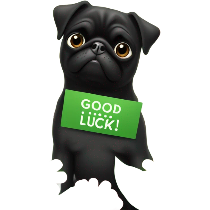 Black pug , surrounded by flowers, holding a green sign that says “good luck”  emoji