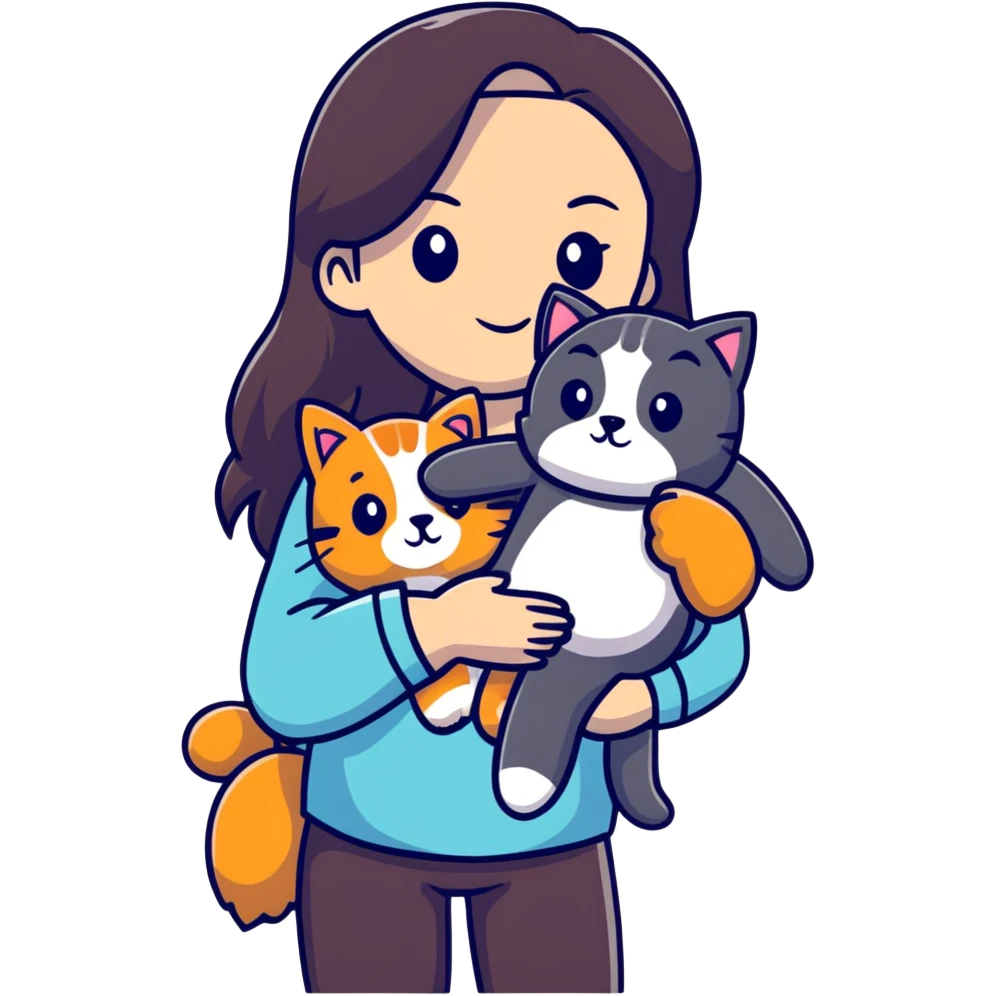 Woman with long dark hair holding pets: teddy bear, dog, and cat emoji