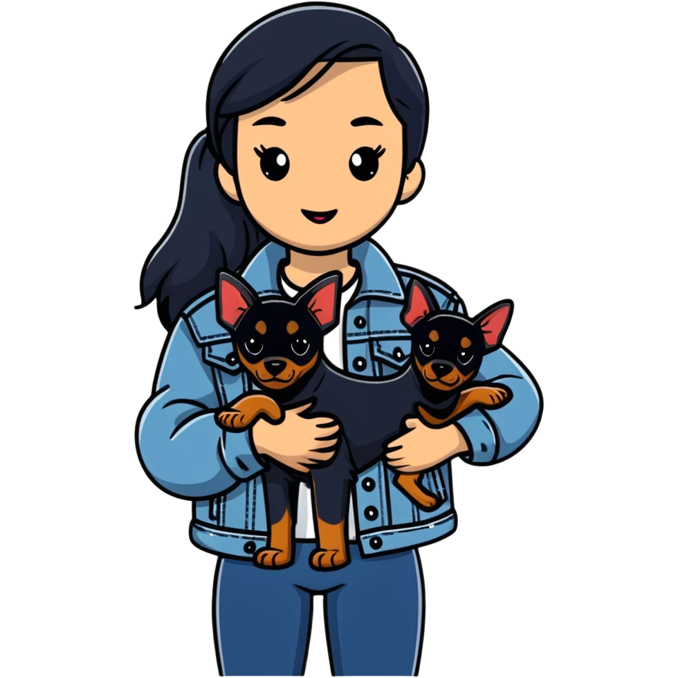girl in denim jacket holding a Doberman dog emoji