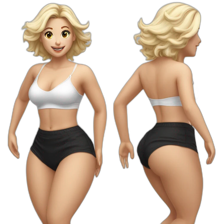 Hyperrealistic Full body Caucasian curvy beauty jumping white knickers back and front views black skirt strong wind emoji