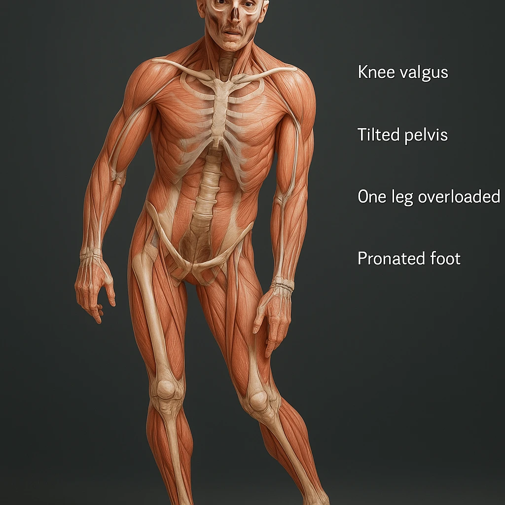 Hyperrealistic 4K anatomical view of a man in a similar position to the reference image. Highlight knee valgus, tilted pelvis, one leg overloaded, and pronated foot. Show bones, joints, and muscles in transparency with realistic anatomical details and a medical atmosphere. Variant 1. emoji
