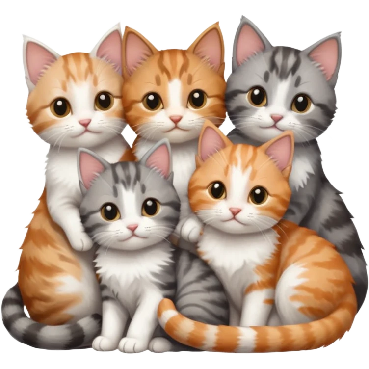 6 tiny kittens cuddling together all various different natural colours including grey and white, ginger and white, calico, grey, and brown tabby and white emoji