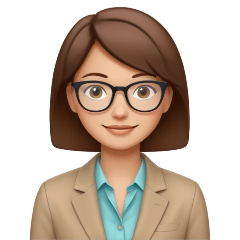 minimal emoji-style avatar of a smiling woman with glasses and short brown hair, dressed in a blazer, friendly, soft colors, subtle expression, plain or lightly colored background, inspired by modern vector illustrations for startups emoji