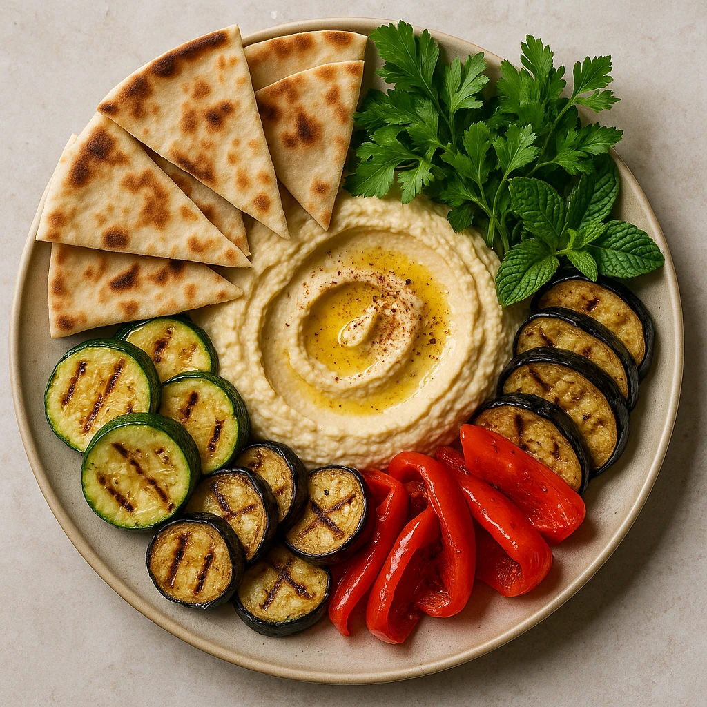 realistic Mediterranean platter with hummus, pita, grilled vegetables, and fresh herbs, top-down view emoji