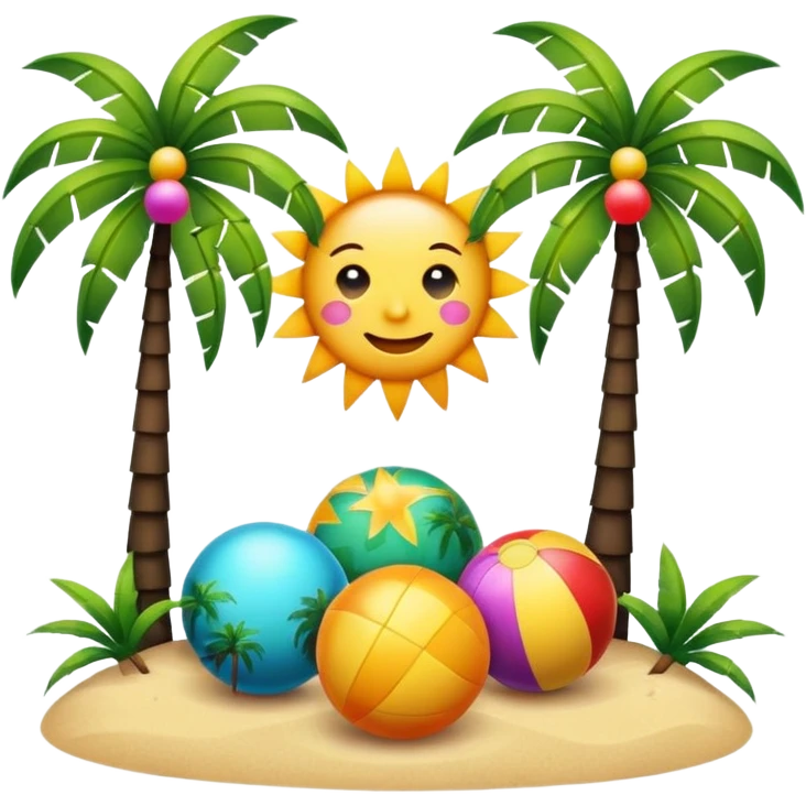 summer vibe photo frame with tropical elements like palm trees, sun, and colorful balls, emoji style emoji