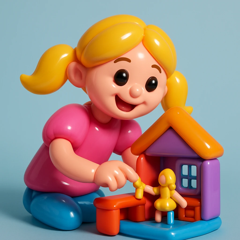 smiling girl arranging furniture in doll house emoji