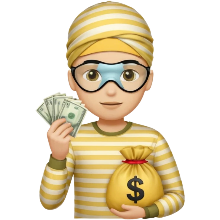 Yellow male with striped shirt holding a money bag with eye mask emoji