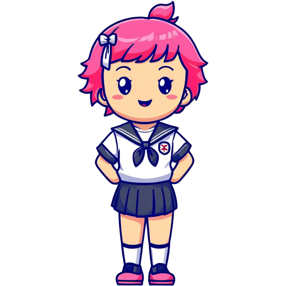Anime girl with short bright pink hair wearing Japanese sailor style school uniform, confident pose with hand on hip and bright cheerful grin, excited and happy emoji