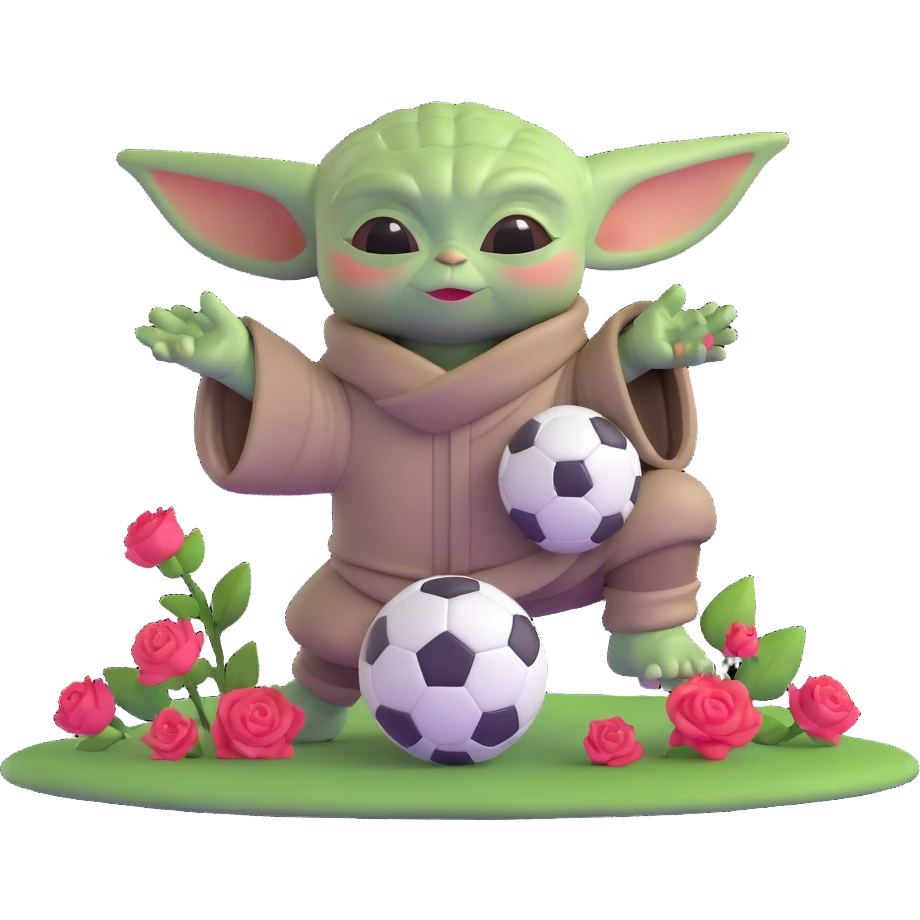 baby yoda kicking a soccer ball with small roses beside him emoji