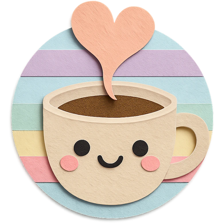 coffee cup with heart-shaped steam, kawaii style, pastel striped background emoji