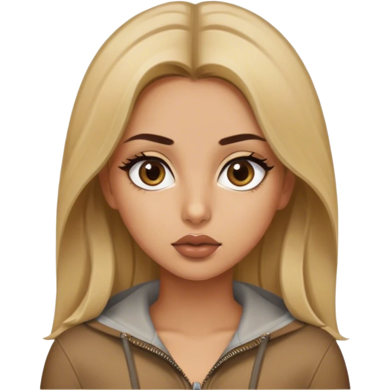 create a lebanese girl with nice juicy lips, blonde and brown hair mix (kinda dirty), shes wearing a tight zip up, she has nice big pretty eyes, and shes wearing a brown shirt emoji