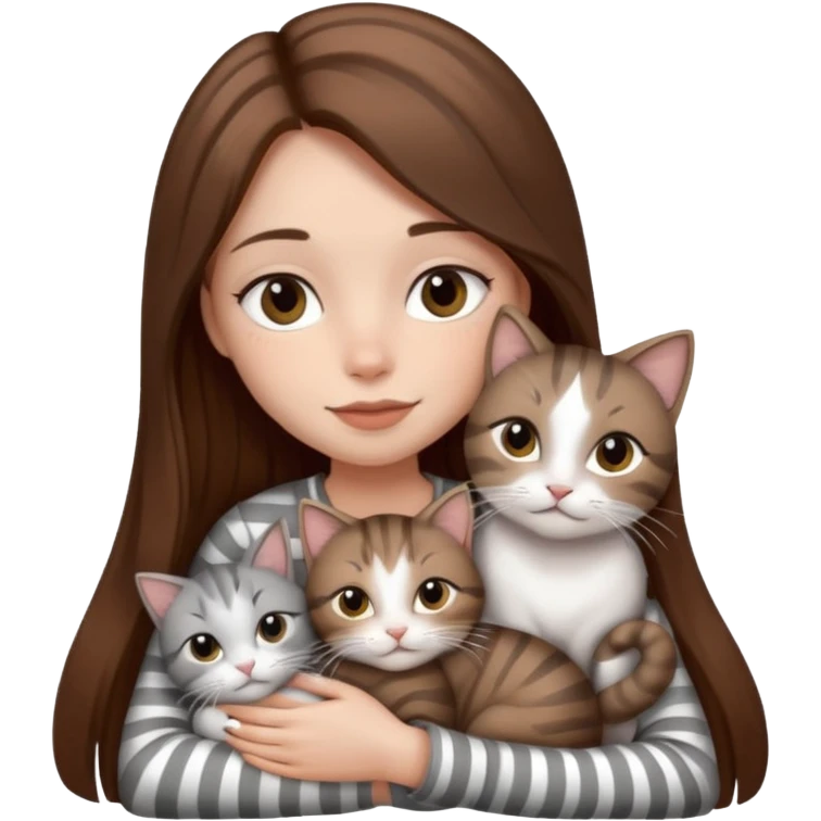 pretty girl with long brown hair snuggling 3 cats: grey and white, brown striped and black and white emoji