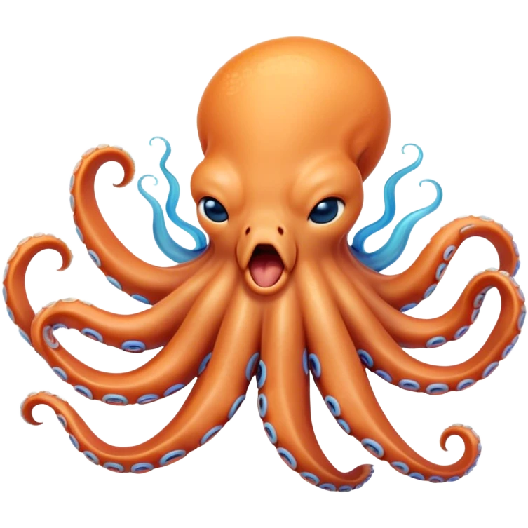 Cinematic Cute Yawning Octopus Portrait Emoji, Head tilted slightly with a dramatic, wide-open yawn, showcasing a plump, light orange body decorated with delicate blue rings and loosely draped arms with sleepy, half-closed eyes, Simplified yet irresistibly adorable features, highly detailed, glowing with a soft, cozy underwater glow, high shine, relaxed yet expressive, stylized with a hint of whimsical aquatic charm, soft glowing outline, capturing the essence of a drowsy yet affectionate octopus that appears ready to stretch and yawn its way out of the screen! emoji
