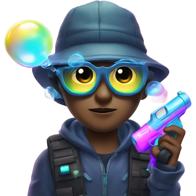 Caucasian boy in glowing rave gear with mask and hat and shooting a bubble gun emoji