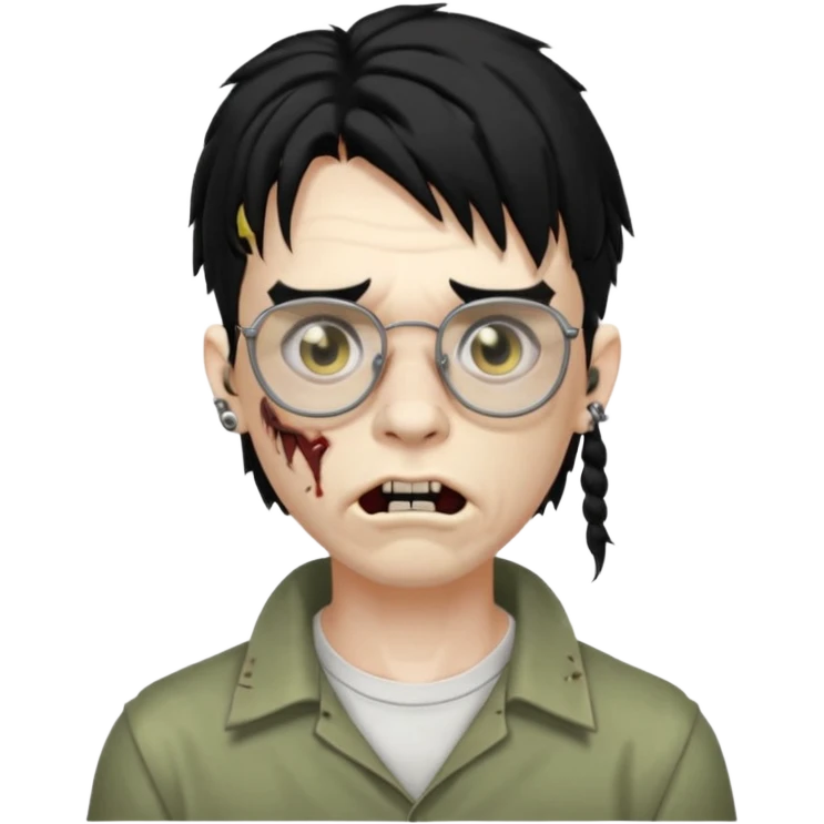 homem zumbi de óculos mullet piercing na boca piercing nas duas sobrancelhas duas orelhas giradas trágus esquerdo furado cabelo preto com muita olheira emoji