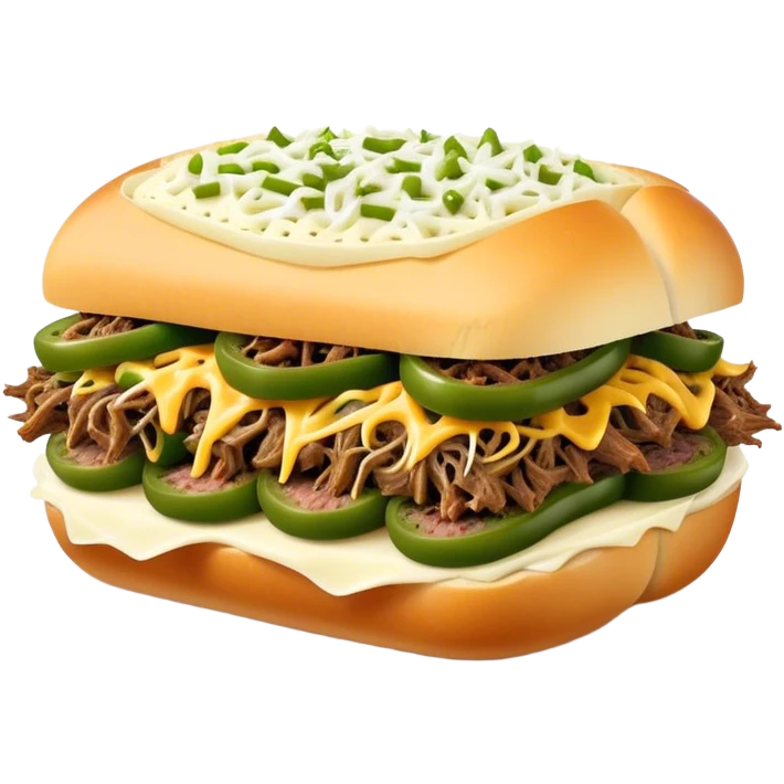 Chicago Italian cheesy beef sandwich. Italian bread, shredded beef, white provolone cheese, green peppers. emoji