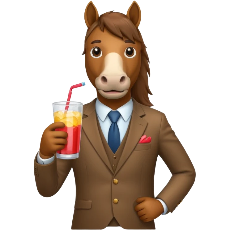 A horse with mustache in a suit holding cool aid drink emoji