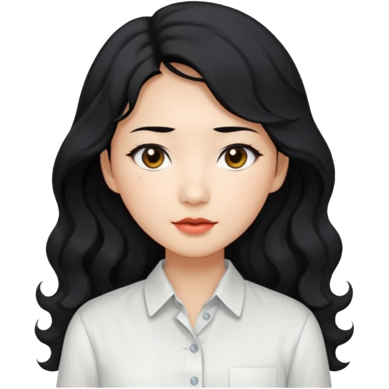 Asian woman, black hair, long permed wavy hair, white button-up shirt, flat colors, transparent background. emoji