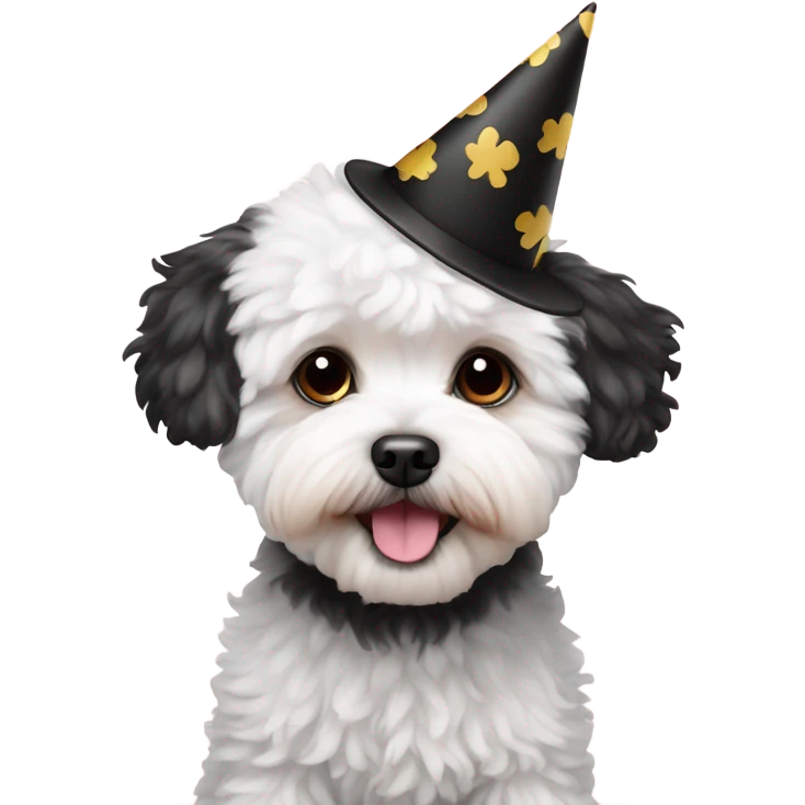 White and black Maltipoo wearing birthday hat emoji