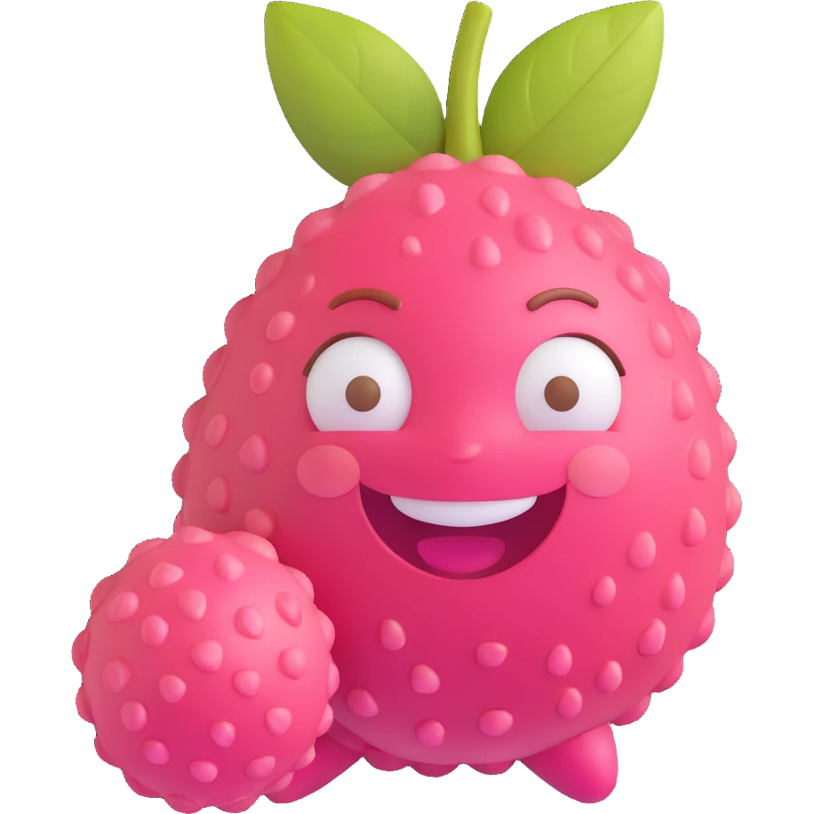 3D lychee fruit character with smiling cartoon face, shiny eyes, pink cheeks, big mouth, bright pink-red bumpy skin, glossy plastic look, small brown stem, toy-like, Pixar-style, colorful and fun emoji