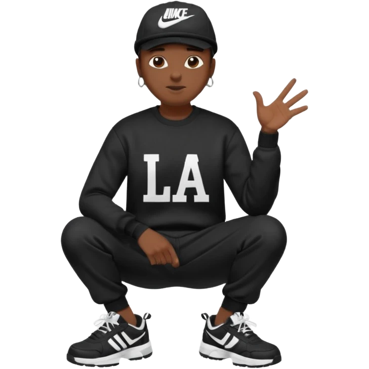 Crea Un Emoji De Cuerpo Completo Que Sea Hombre Con Corte Alucin Que Tenga Gorra Nike, Suéter Negro Que Tenga La Letras LA El La Parte Del Corazón, Zapatos Adidas Con Una Palomita✅, Pantalón Ancho O Bellaco Con Unos Diseños De Palomas Blancas Y Asiendo Una Pose Con Su Mano Que Sea Está 🤙🏽. emoji
