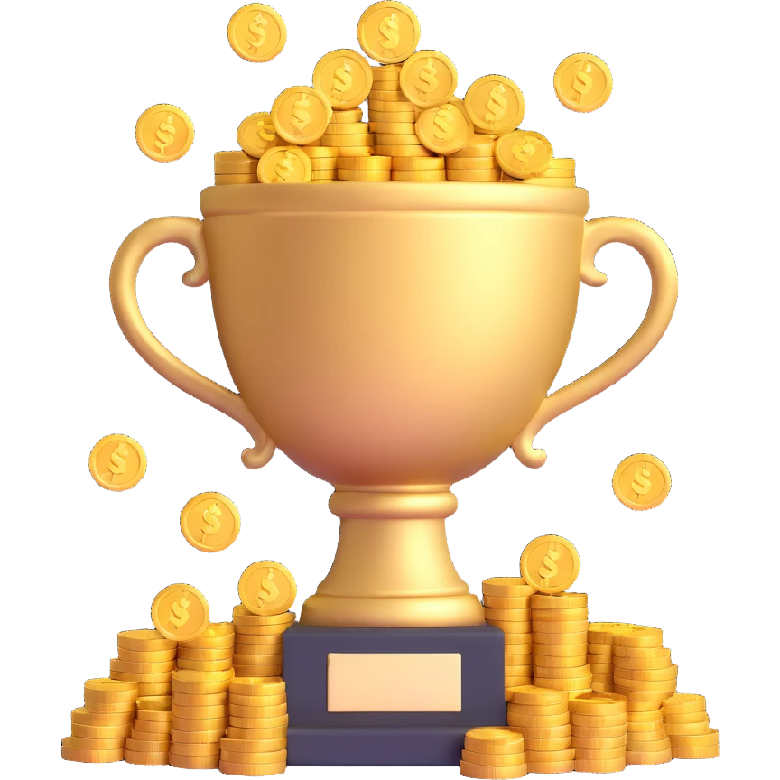 highly-detailed, realistic 3D icon of a large trophy filled with gold coins and dollar bills, brightly lit, transparent background emoji
