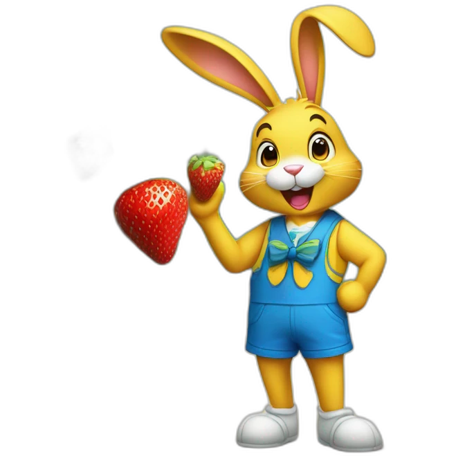 a happy bunny in yellow shorts and a blue vest with a blue bow around his neck sniffs strawberries emoji