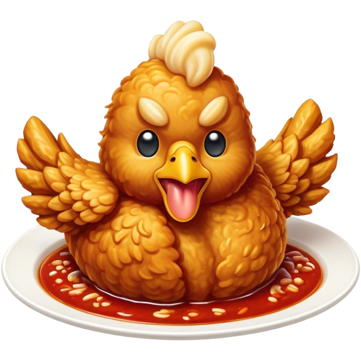 Cinematic Realistic Korean Fried Chicken Dish Emoji, depicted as crispy, golden-fried chicken glazed in a tangy sauce rendered with detailed textures and vibrant, dynamic lighting. emoji