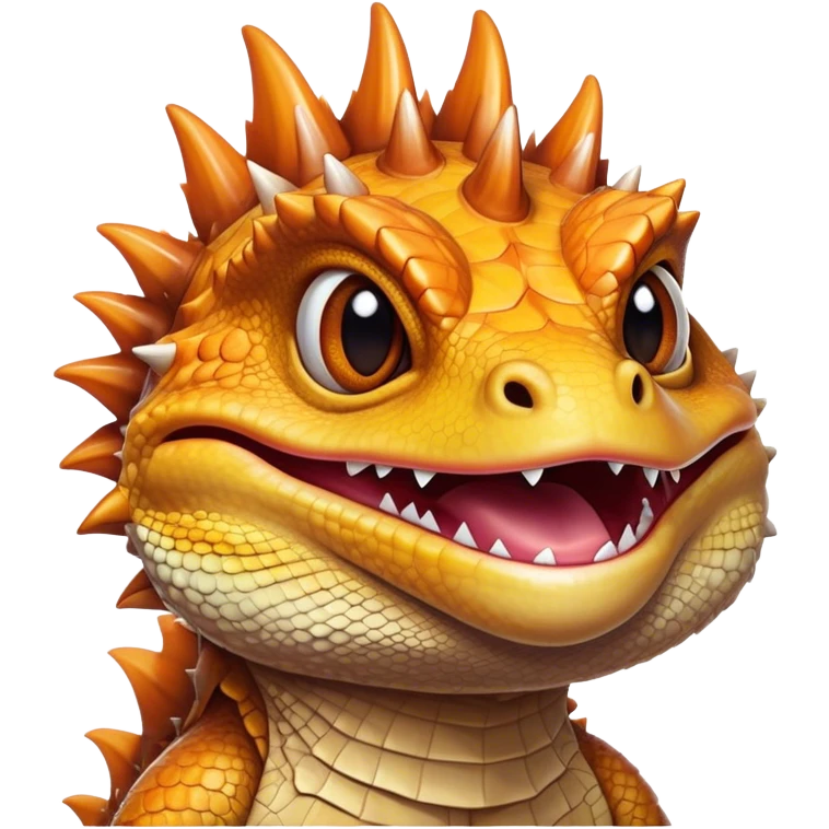 Cinematic Comical Bearded Dragon Portrait Emoji, Head tilted dramatically with an exaggeratedly amused expression, featuring a striking, glossy scaled hide with a quirky, spiky beard and wide, expressive eyes full of playful disbelief, Simplified yet hilariously expressive features, highly detailed, glowing with a slightly sassy glow, high shine, dramatic yet playful, stylized with an air of cheeky mischief, bright and endearing, soft glowing outline, capturing the essence of a spirited and over‐the‐top dragon, so meme‐worthy it feels like it could snap its jaws into internet fame instantly! emoji