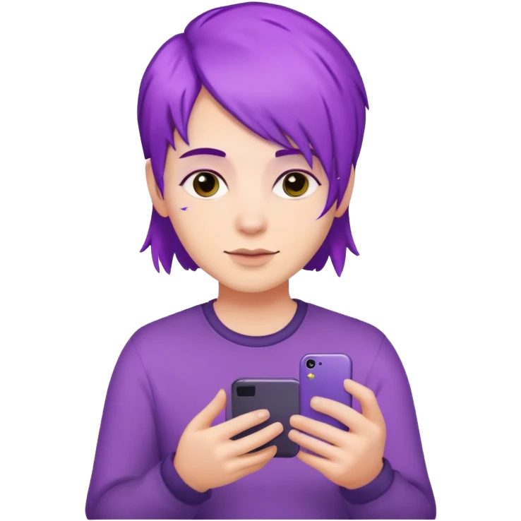 LGBTQ person with purple hair taking a photo or video with an iPhone emoji